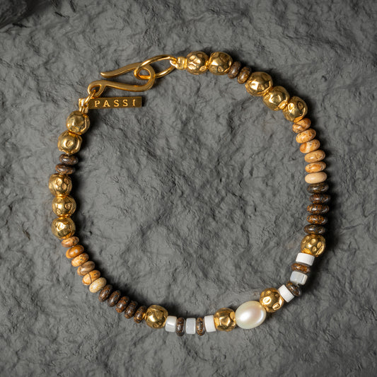 SAND TEMPLE SET Mens Obisidian & pearl golden bracelet stack 6mm