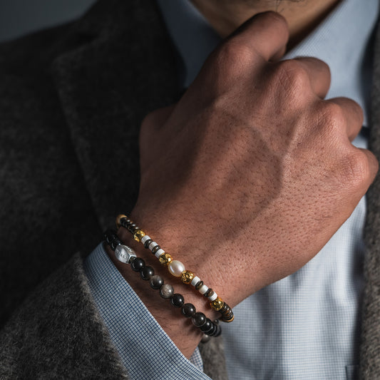 SAND TEMPLE SET Mens Obisidian & pearl golden bracelet stack 6mm